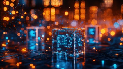 Poster - Abstract visualization of digital technology with glowing cubes and vibrant bokeh lights in blue and orange tones representing futuristic concepts