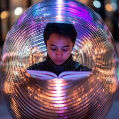 Fototapete - Futuristic Study Nook East Asian Teen Engaged with Holographic Book in Chrome Pod - Tech-Forward Learning Space and Contemporary Interior Design