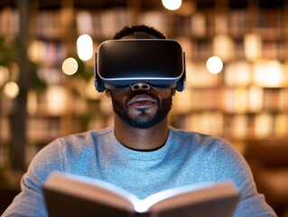 Poster - Immersive Virtual Reading Experience Cozy Modern Home Setup with VR Headset for Black Young Professionals - Enhancing Focus in Digital Library Environments