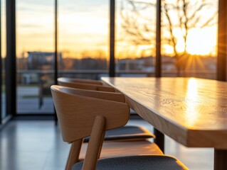Poster - Warm Scandi Reading Nook Modern Wooden Table and Chairs Ensemble in Minimalist Library Space - Enhancing Relaxed Productivity and Commercial Reading Environments