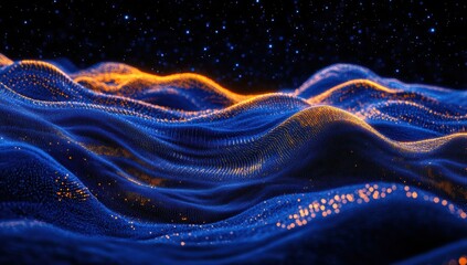 Poster - Abstractdigital landscape featuring glowing waves in vivid colors with stars in a night sky, representing technology and creativity in modern design