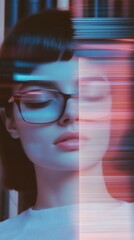 Poster - Retro Tech Glitch Art in Vintage Library Young Woman in Aesthetic Distortion for Modern Digital Marketing and Cultural Trends Analysis