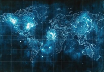Poster - Abstract World Map With Data Connections Highlighting Global Networks And Technology in Blue Tones, Illustrating Connectivity And Digital Presence