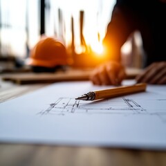 Aufkleber - Industrial Chic Construction Planning Workers with Blueprints and Safety Gear at Golden Hour - Project Management and Modern Site Efficiency in Urban Development