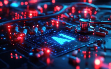 Aufkleber - Advanced technology in healthcare featuring a stethoscope, circuit board, and glowing artificial intelligence representation for modern medical innovation