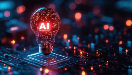 Poster - AI Technology Concept with Illuminated Bulb on Circuit Board, Featuring Digital Connections and Neural Network Visualization in Futuristic Setting