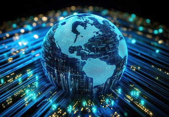 Poster - Blue Digital Globe with Futuristic Network Connections Illuminated by Bright Lights Representing Global Connectivity and Technology Advancement