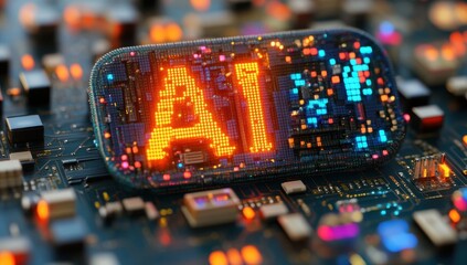 Poster - Bright and Colorful Artificial Intelligence Concept with Circuit Board Background and Glowing Letter A and I Representing Modern Technology and Innovation