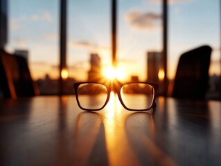 Poster - Modern Leadership Vision Sunlit Office with Glasses on Table for Business Innovation and Strategic Planning - Professional Growth and Corporate Success Tools