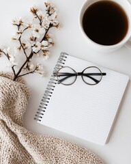 Aufkleber - Scandinavian Minimalist Workspace Round Glasses and Blooming Branch on Textured Notebook with Knit Blanket - Warm Aesthetic Content for Modern Office and Creative Industries