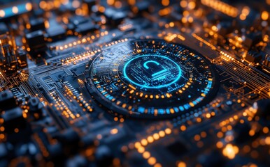 Poster - Circuit board with glowing components and illuminated patterns showcasing technology and digital innovation in a futuristic design