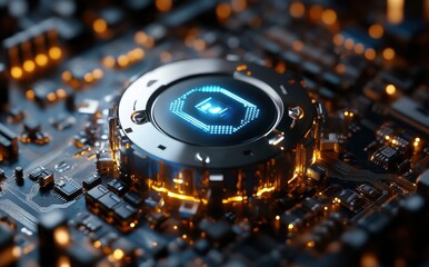 Aufkleber - Close-Up of a Futuristic Electronic Circuit Board with Glowing Components and a Central Blue Icon Symbolizing Technology and Innovation