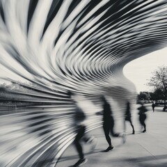 Aufkleber - Dynamic Motion Blur Urban Runners on Concrete Path with Futuristic Metal Art - Fitness Motivation for Modern Marketing and Sportswear Innovation
