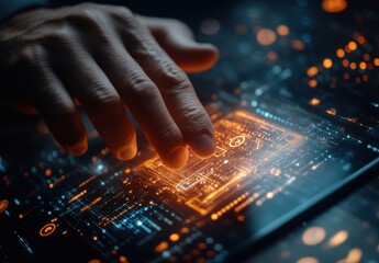 Aufkleber - Close-up of a Human Hand Interacting with a High-Tech Touchscreen Display Featuring Complex Data Patterns and Bright Orange Circuit Designs