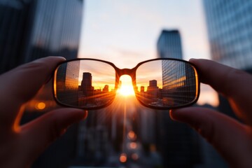 Poster - Urban Sunset Through Glasses Reflections on Modern Architecture and Geometric Symmetry - Visual Storytelling in Contemporary Urban Development and Architectural Design