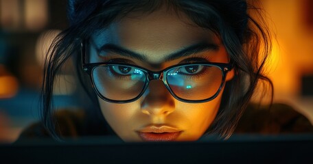Aufkleber - Close-up of a young woman intently focused on her computer screen, showcasing concentration and cognitive engagement in a warm-lit environment