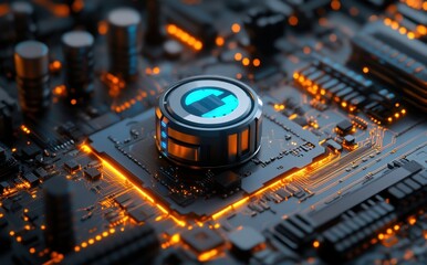Poster - Close-Up View of a Modern Microchip with Glowing Elements and Advanced Circuit Board in a High-Tech Environment for Futuristic Concepts