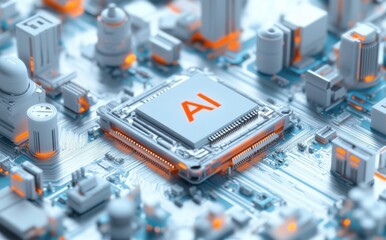 Poster - Close-up View of AI Processor on Circuit Board with Neon Accents and Fine Details