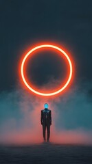 Aufkleber - Futuristic Sci-Fi Concept Metallic Cyber Suit with Neon Accents at Misty Stargate - Advanced Digital Artwork for Tech Marketing and Architectural Innovation