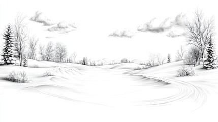 Wall Mural - Snowy winter landscape, hills, trees, peaceful scene, nature illustration