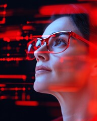 Aufkleber - Virtual Professional Portrait Futuristic Red Neon Grid and Digital Glasses - Innovative Tech Interface for Creative Digital Marketing and Business Communication