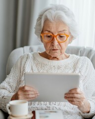 Poster - Cozy Readers Retreat Elderly Woman in Textured Knit Sweater Engaging with Digital Tablet - Senior Tech Content and Urban Lifestyle Marketing