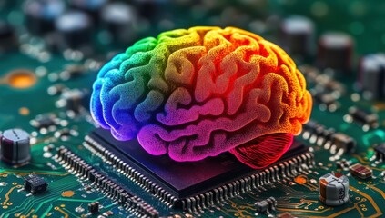 Poster - Colorful brain model on a computer circuit board, symbolizing connection between technology and human cognition in the digital age of innovation and intelligence.
