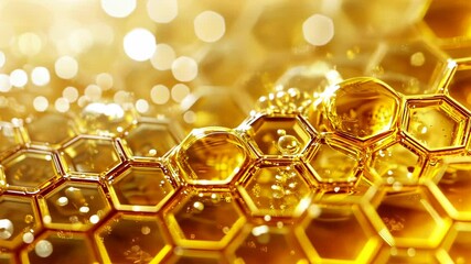 Poster - Golden honeycomb structures glimmering in warm light with fluid movement