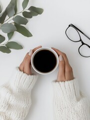 Fototapete - Minimalist Office Coffee Cozy Knitted Sweater with Leafy Eucalyptus and Glasses - Modern Workspace Content for Remote Work Inspiration and Digital Productivity Enhancement