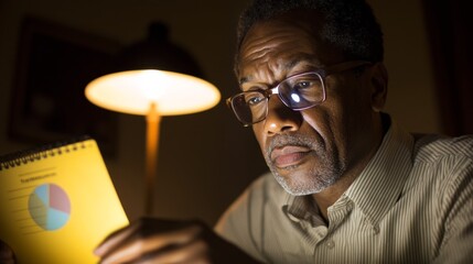 Poster - Contemporary Home Office Vibe Middle-Aged Man Analyzing Market Trends on Laptop, Notepad and Warm Lighting - Efficient Budgeting and Professional Workspace Design