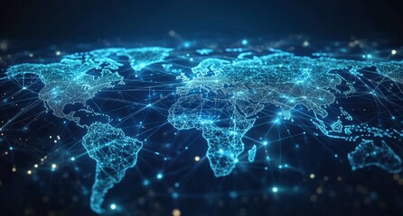 Global network connection map, digital world, data flow, glowing background, technology illustration