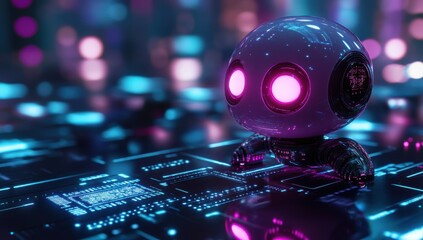 Poster - Cute futuristic robot with glowing eyes on a digital circuit board background in vibrant neon colors representing advanced technology and artificial intelligence