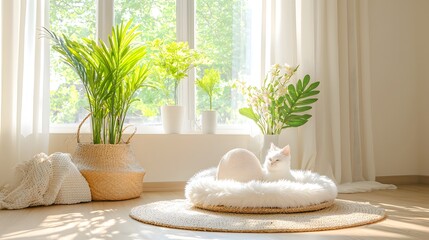 Poster - Cozy and Airy Indoor Scene with Lush Greenery and Natural Decor Elements  Tranquil and Peaceful Atmosphere with Minimalist and Organic Aesthetic