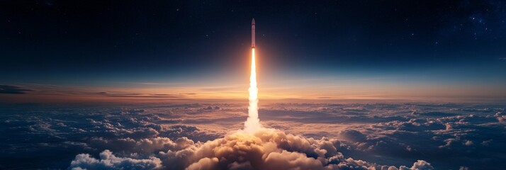 Poster - Galactic Innovation Rocket Launch with Fiery Trail Amidst Starry Sky - Advanced Space Exploration Visualization for Tech Industries and Digital Contents