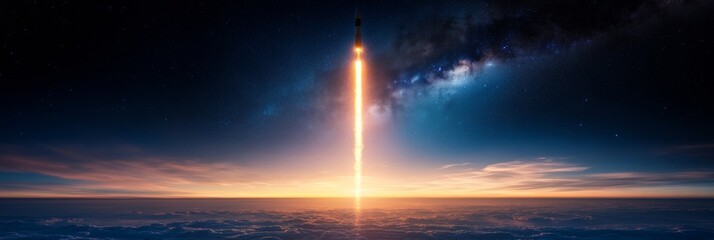 Poster - Futuristic Nighttime Rocket Launch Bright Flame Trail and Starry Sky - Advanced Space Tech Imagery for Aerospace Innovation and Strategic Exploration Marketing
