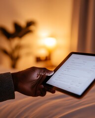 Poster - Minimalist Tech Aesthetic Mans Hand with Tablet Booking Sustainable Hotel Room - Enhancing Travel Convenience and Digital Eco-Lifestyle for Urban Professionals