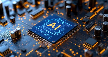 Poster - Detailed close-up view of a computer circuit board with an artificial intelligence chip showcasing intricate technology and modern innovation.