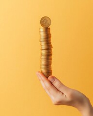 Poster - Minimalist Coin Stack Hand Holding Coins Against Bold Yellow Background for Modern Financial Growth and Investment Content in Business Marketing