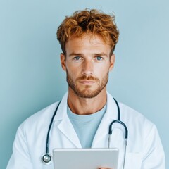 Aufkleber - Digital Healthcare Transformation Male Doctor with Stethoscope Using Cutting-Edge Tablet Interface - Modern Medical Technology and Professional Innovation for Enhanced Patient Care