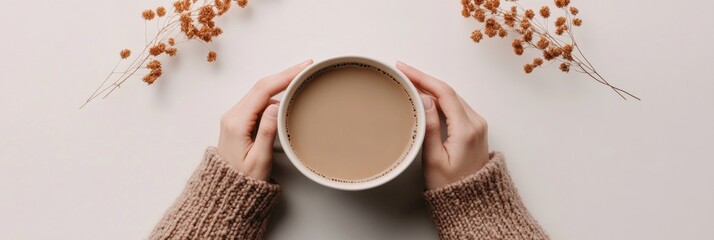 Poster - Modern Cozy Workspace with Latte and Autumn Aesthetic Textured Wool Sweater and Minimal Design for Relaxed Remote Work and Mindful Productivity