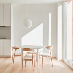 Poster - Elegant Minimalist Dining Setup Foldable Table and Stackable Chairs in Bright Modern Apartment - Space-Saving Design for Urban Living and Real Estate Showcases