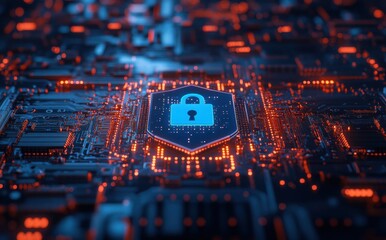 Poster - Digital cybersecurity concept with a glowing shield and padlock on a futuristic circuit board, representing data protection and online security strategies