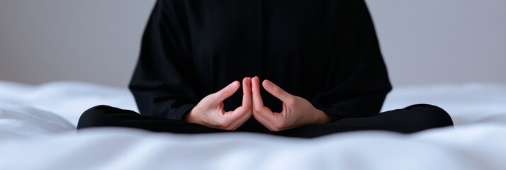 Poster - Serene Meditation Setup Minimalist Black Attire on Crisp White Bedding - Modern Wellness Content and Mindfulness Marketing for Calm Living Spaces