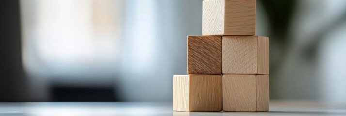 Fototapete - Minimalist Business Strategy Visualization Wooden Blocks on Desk for Innovative Planning - Eco-Friendly Tools in Organizational Growth and Strategic Development