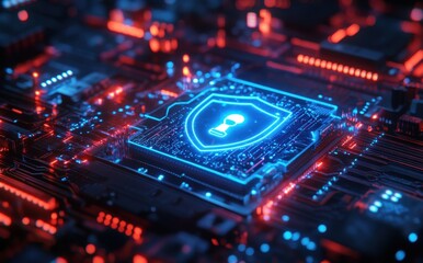 Poster - Digital Cybersecurity Concept with Shield and Lock on a High-Tech Circuit Board Surrounded by Glowing Neon Lights and Data Streams