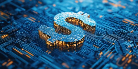 Poster - Digital Dollar Symbol on Circuit Board with Illuminated Lights, Representing Technology, Economy, Finance, and Innovation Concept for Stock Imagery