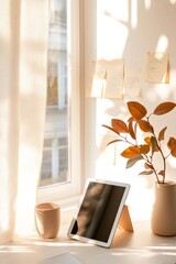 Poster - Contemporary Workspace Serenity Minimalist Tablet Stand with Sticky Notes and Soft Morning Light - Boosting Digital Literacy and Remote Work for Agile Professionals