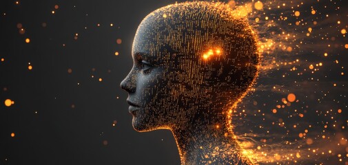 Poster - Digital Head Silhouette with Glowing Particles Illustrating Futuristic AI Concept in a Dark Background