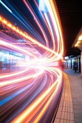 Aufkleber - Neon Urban Dynamics Futuristic Light Trails on Modern Transit Platform - Visual Content for Tech Marketing and Digital Innovation in Smart City Transportation