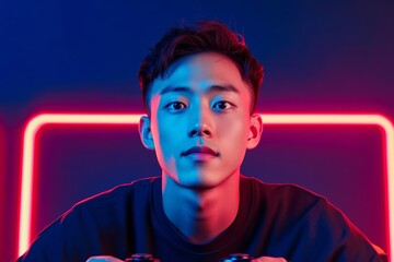 Poster - Neon E-Sports Portrait Focused Asian Gamer with LED Backdrop and Controller - Modern Gaming Aesthetics for Digital Branding and Community Engagement